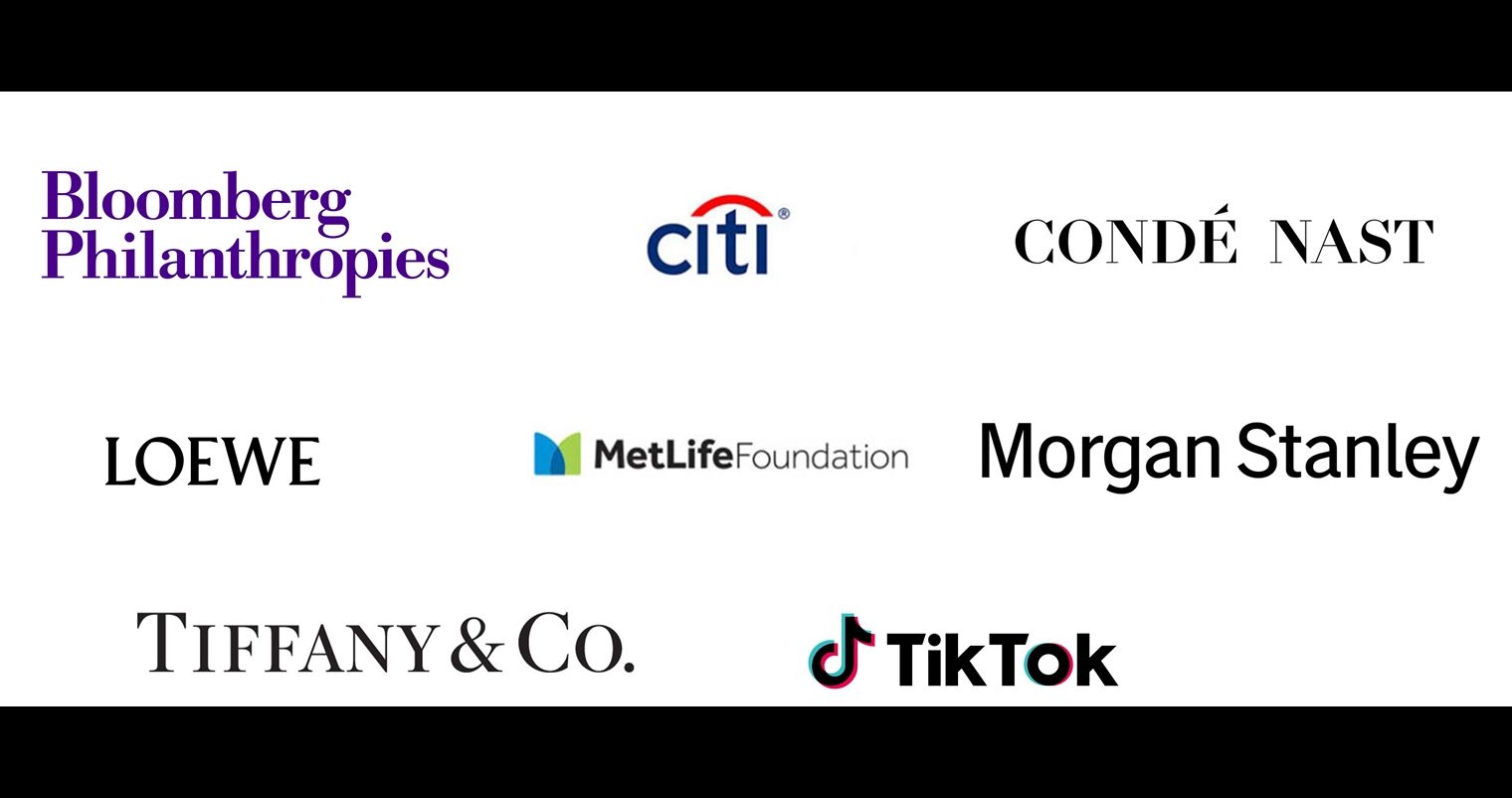 "Logos of corporate sponsors such as Bank of America, Bloomberg Philanthropies, Citi, Conde Nast, Louis Vuitton, MetLife Foundation, Morgan Stanley, and Reliance Foundation."