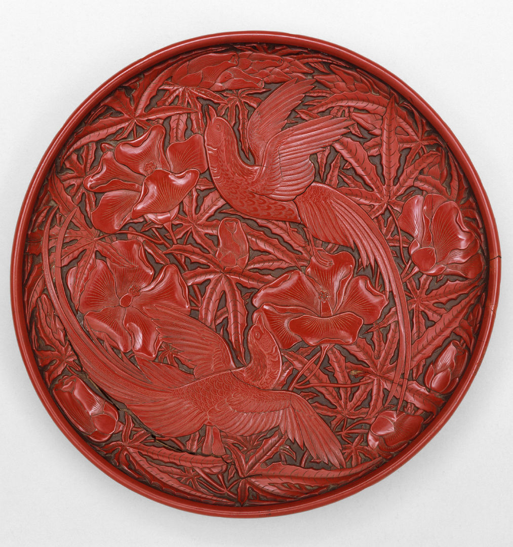 Dish with long-tailed birds and hollyhock