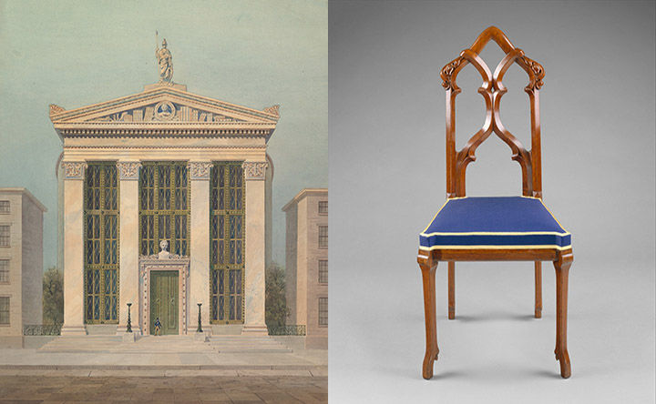 Left: A exterior sketch of a library by Alexander Jackson Davis; Left: A chair designed by Alexander Jackson Davis