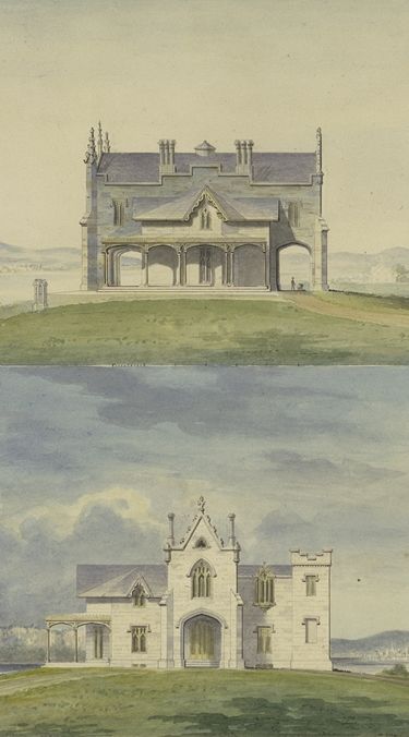  A watercolor painting of a Manor in Tarrytown, New York from two sides