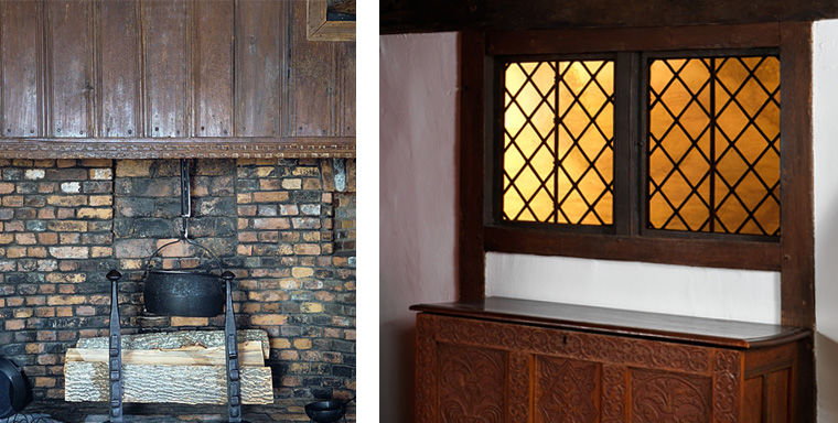 Paneling on the fireplace wall and detail of windows from the Hart House