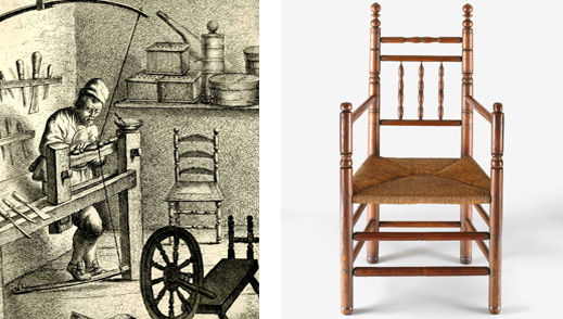 Illustration of a wood turner in his studio and a spindle-back armchair