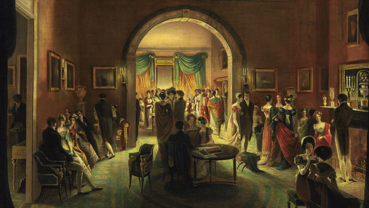 Detail of an 1824 painting by Henry Sargent of a tea party in an elegant Boston interior
