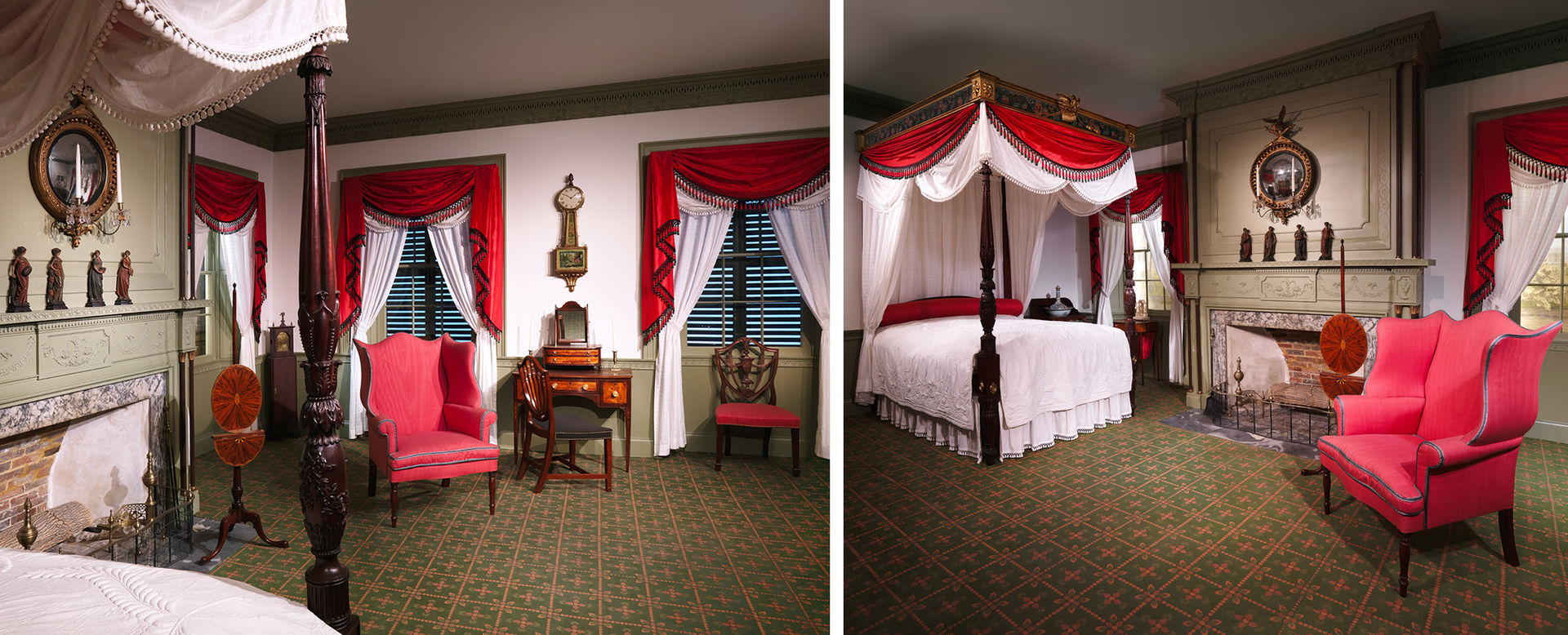 Two views of a former parlor from 1805 decorated as a bedroom with a large red and white canopy bed and a red easy chair