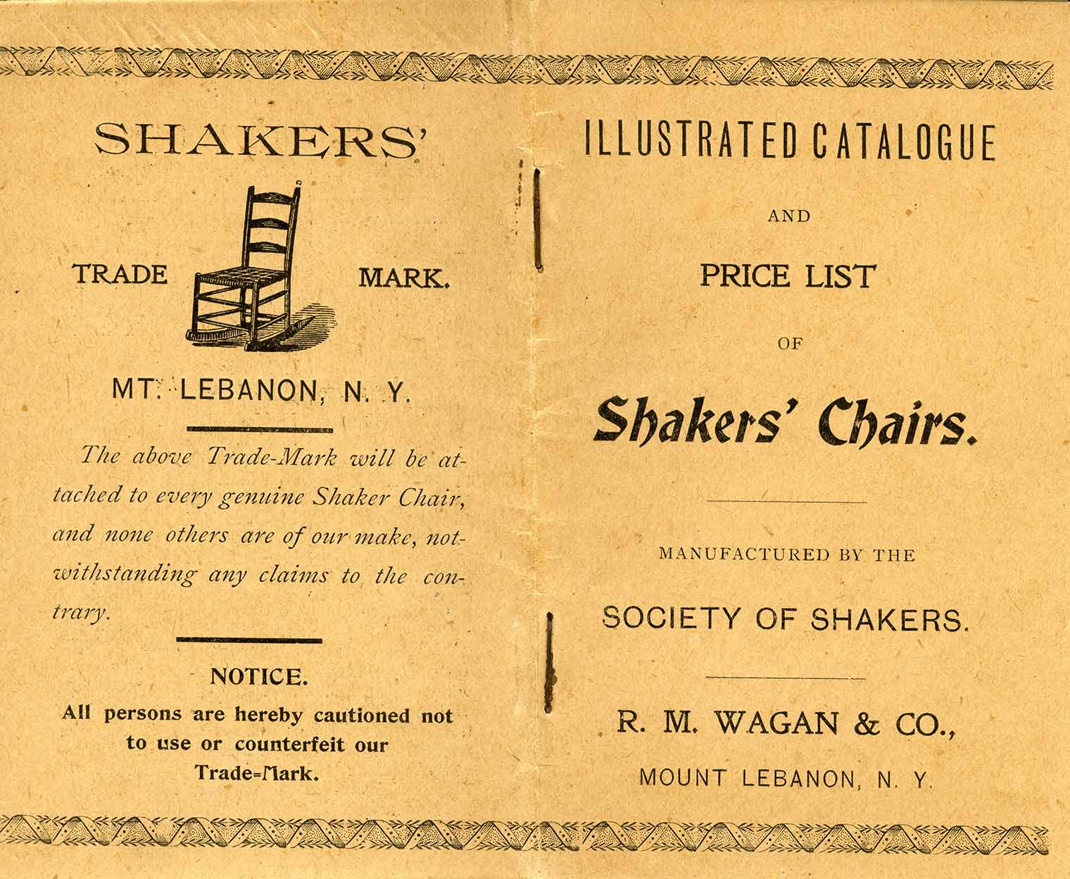 Front and back cover of Illustrated Catalogue and Price List of Shaker Chairs, ca. 1880