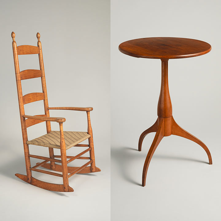 Composite image of two examples of Shaker Furniture, a rocking chair and a side table.