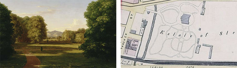 Left: oil painting of the Van Rensselaer manor by Thomas Cole; Right: detail of map of Albany showing Van Rensselaer Manor.