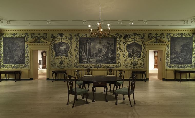 A photograph depicting the wallpaper designs as they are installed in Van Rensselaer Hall at the Met.