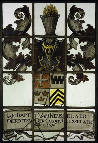 A stained glass window decorated with the Van Rensselaer coat of arms