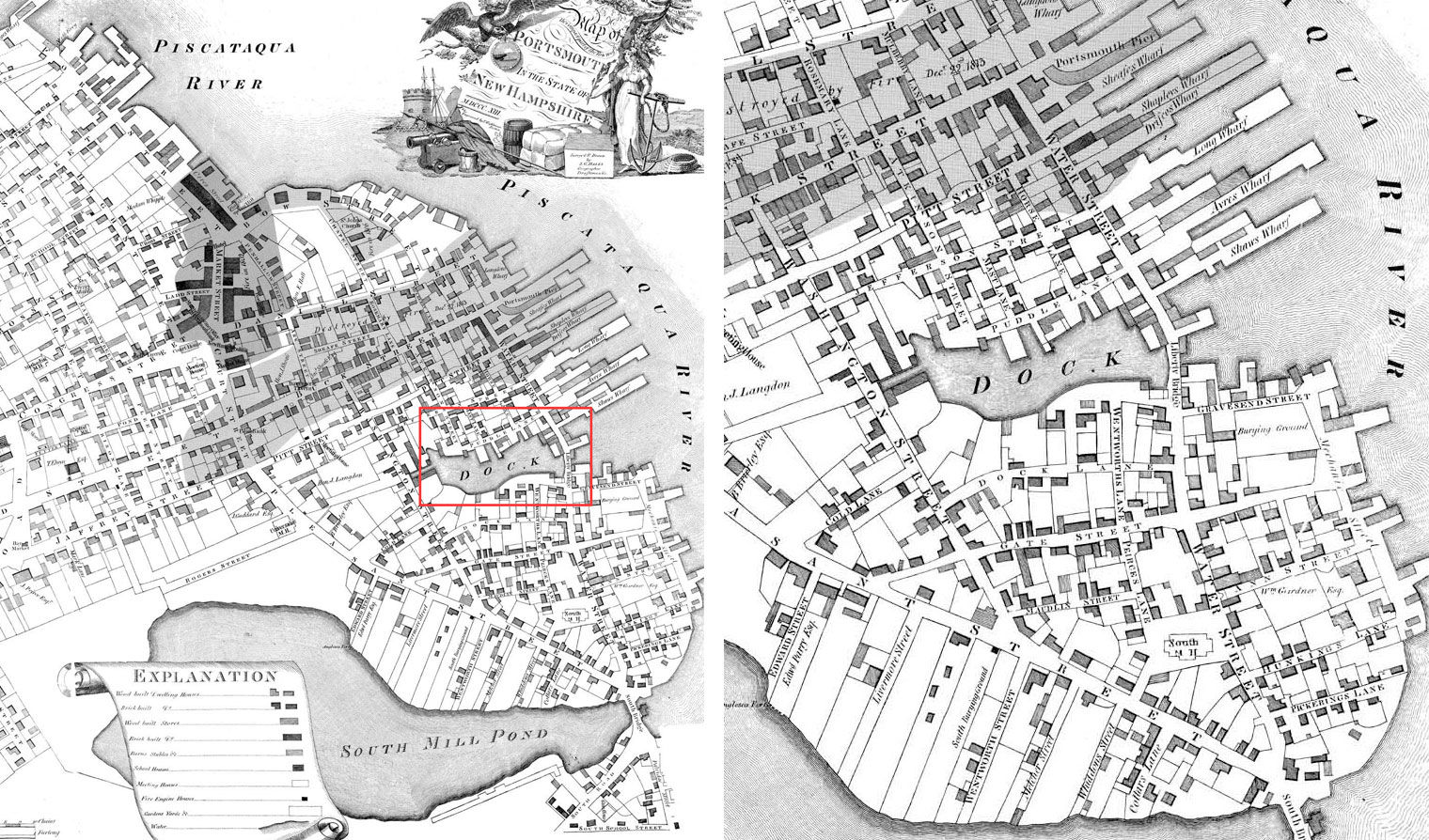 Black and white map of Portsmouth, New Hampshire, with a detail section of Puddle Dock