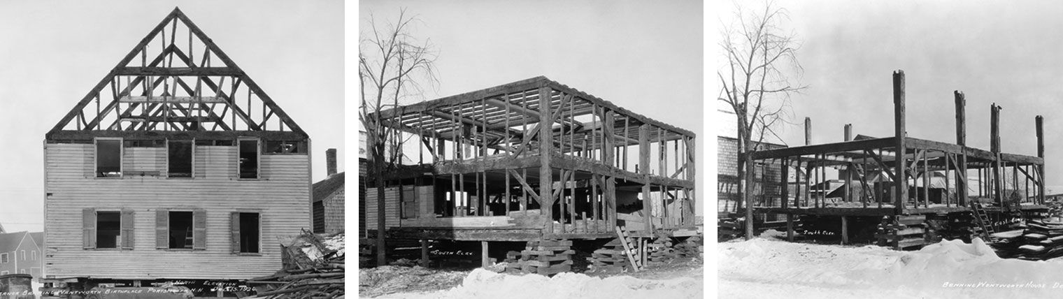 Three black and white photographs showing a house being dismantled