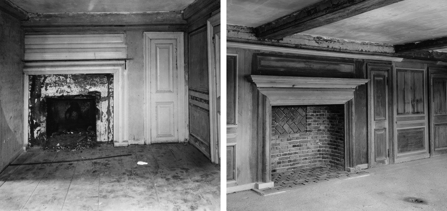 Two black and white photographs showing a fireplace being installed along the far wall