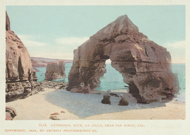 1899 postcard with an image of Cathedral Rock at La Jolla