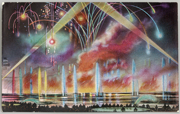 1939 postcard featuring an image of celebratory fireworks on the river