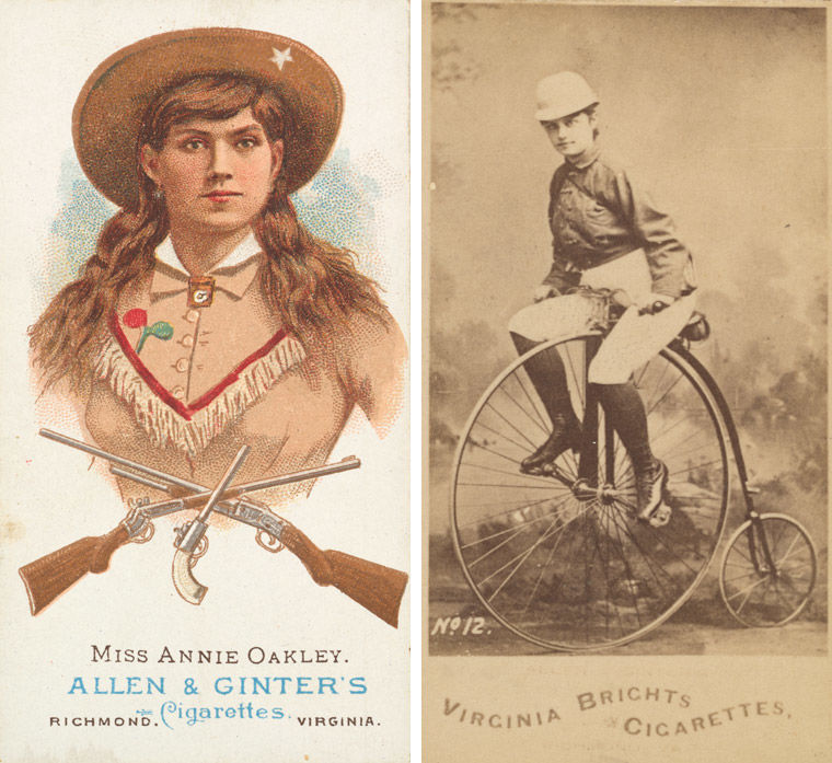 Two 1887 sports cards, one featuring Annie Oakley (left) and one featuring a woman riding an antique bicycle (right)