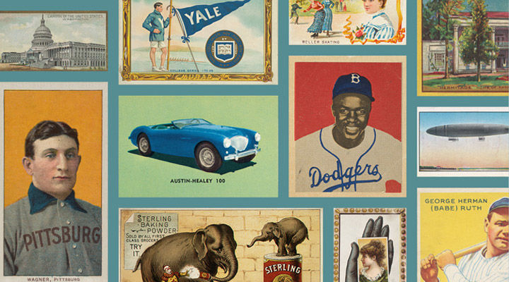 Mosaic of various cards and printed ephemera from the Burdick Collection, including baseball cards, sports figures, and travel/tourism cards