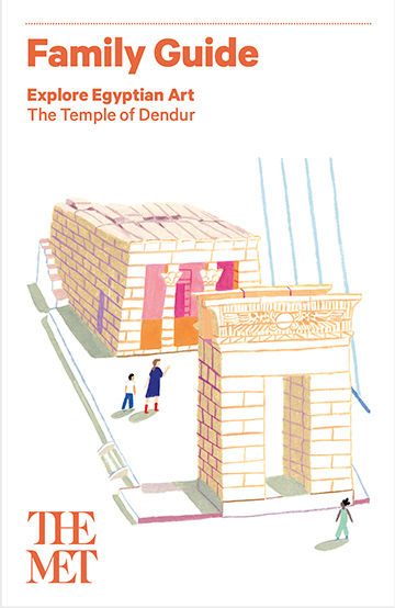 Cover of Family Guide with illustrated graphic of the Temple of Dendur in shades of yellow, orange, and pink