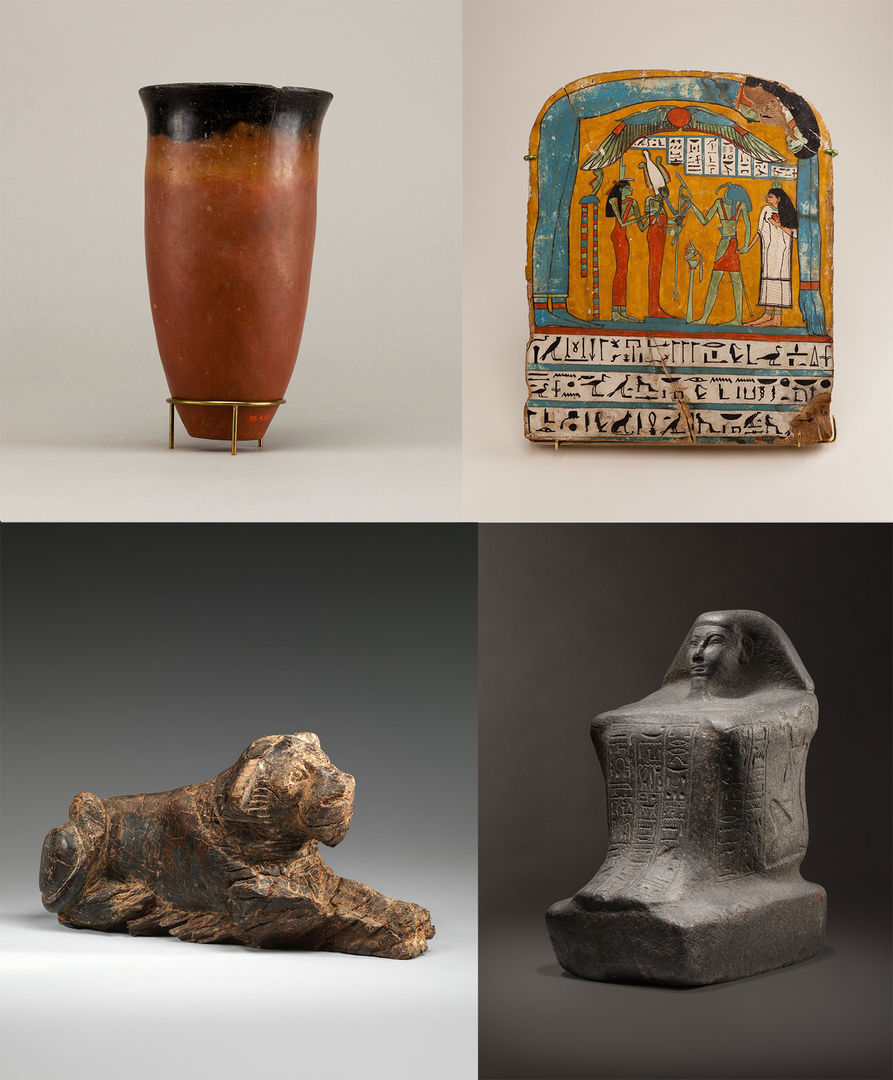 Clockwise from upper left are a tall red pot with a black rim, then a wood stela showing a woman with a bird-headed god making offerings, the stone statue of a squatting man and a game piece in the shape of a lion.