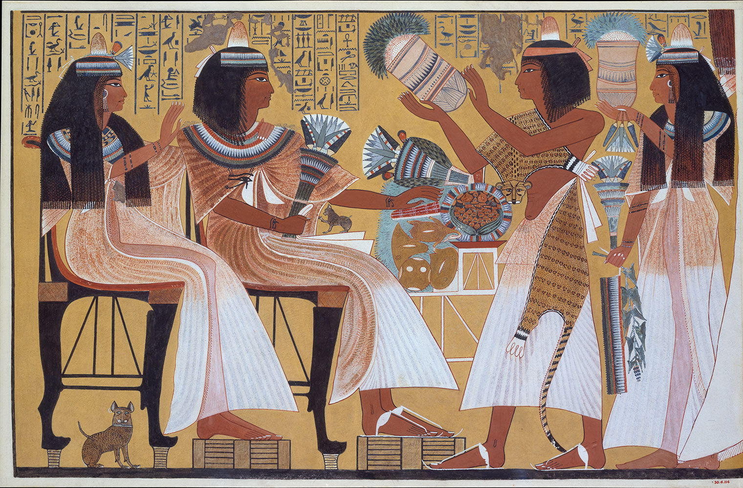 A painting with a yellow-gold background showing a woman and a man in white garments seated on chairs while another man and woman offer them food and flowers.