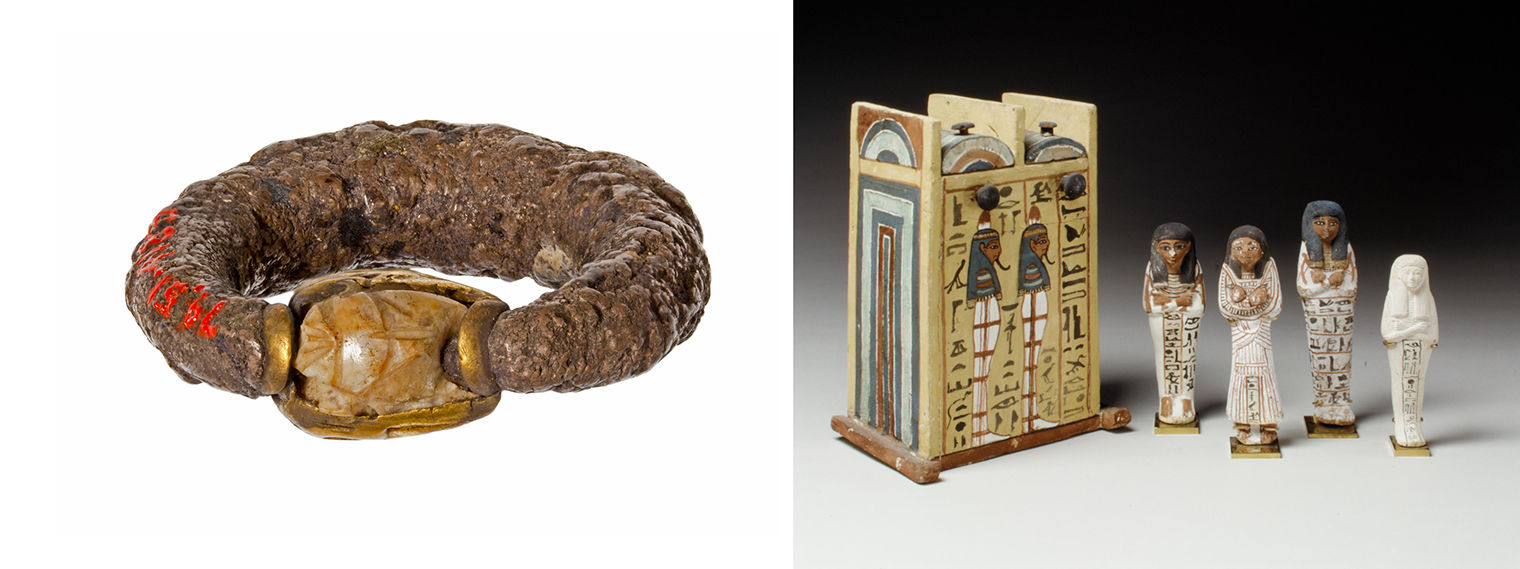 A copper ring with a stone scarab to the left and a wooden box painted with images of mummies along with three small mummiform figures and one figure in a white robe to the right.