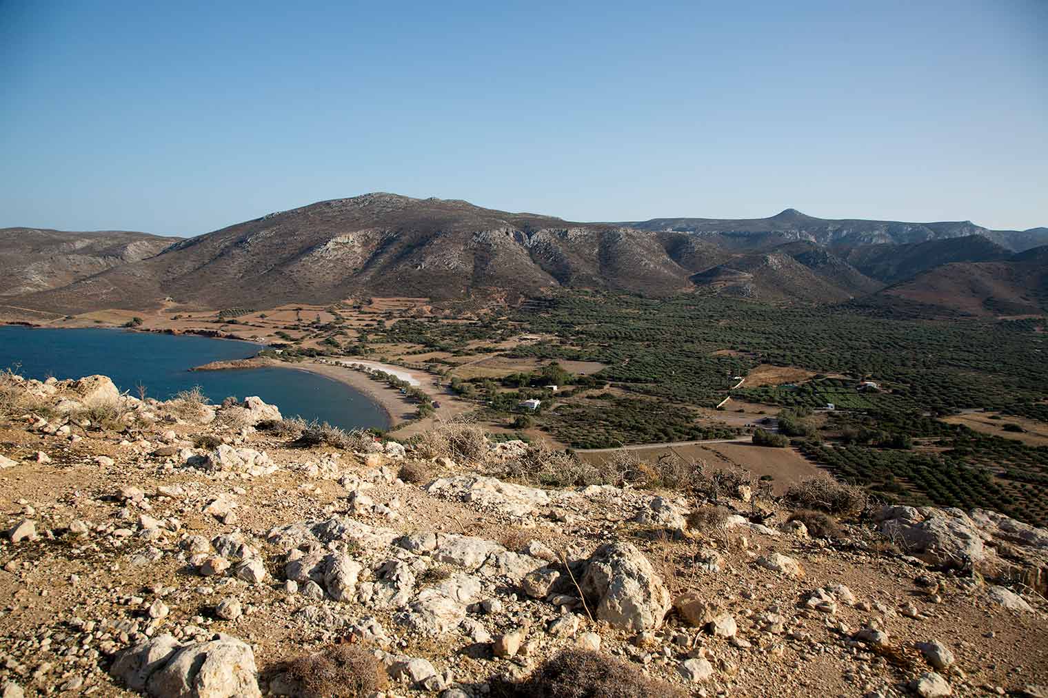 The Roussolakkos plain in eastern Crete viewed from the Kastri hill, with Mount Petsophas in the background