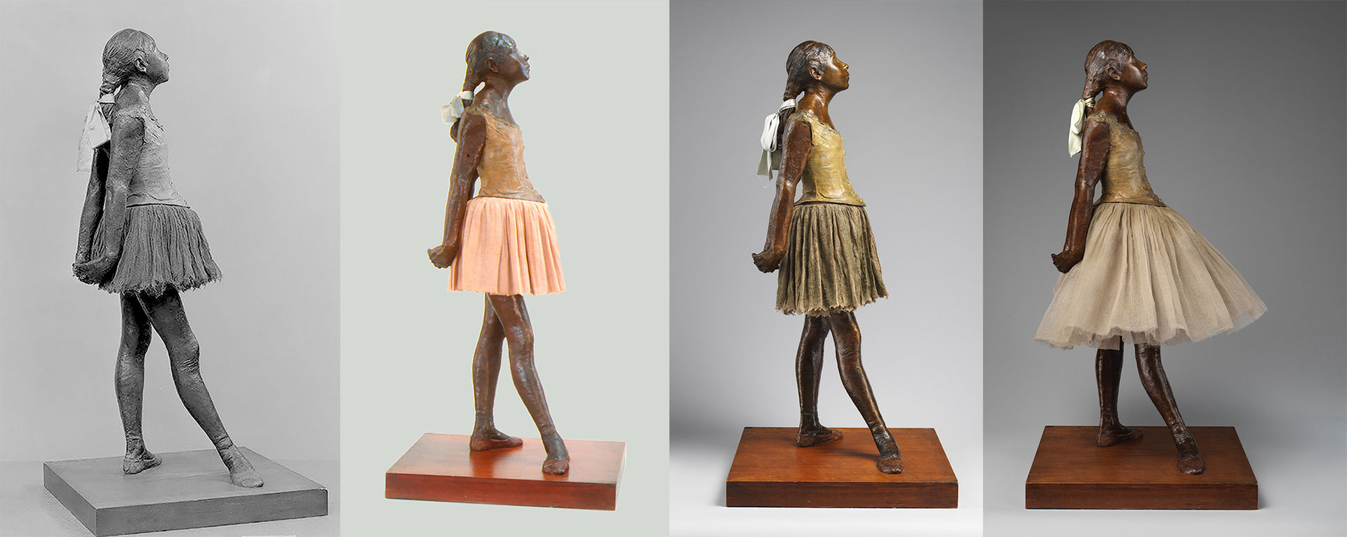 Four photographs of the Degas Dancer in different eras, wearing different tutus
