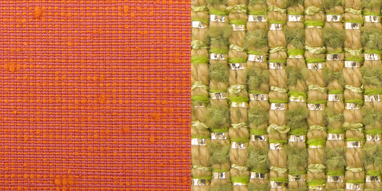 At left, a tightly woven basketweave fabric with wefts alternating between orange yarns with slubs and red yarns mostly hidden by narrow pink warps. At right, a chunkier fabric with wide beige warp yarns woven in pairs and many types of wefts: fuzzy sage green chenille, smooth pale green twists, thin pea green wool yarns, and gold metal strips.
