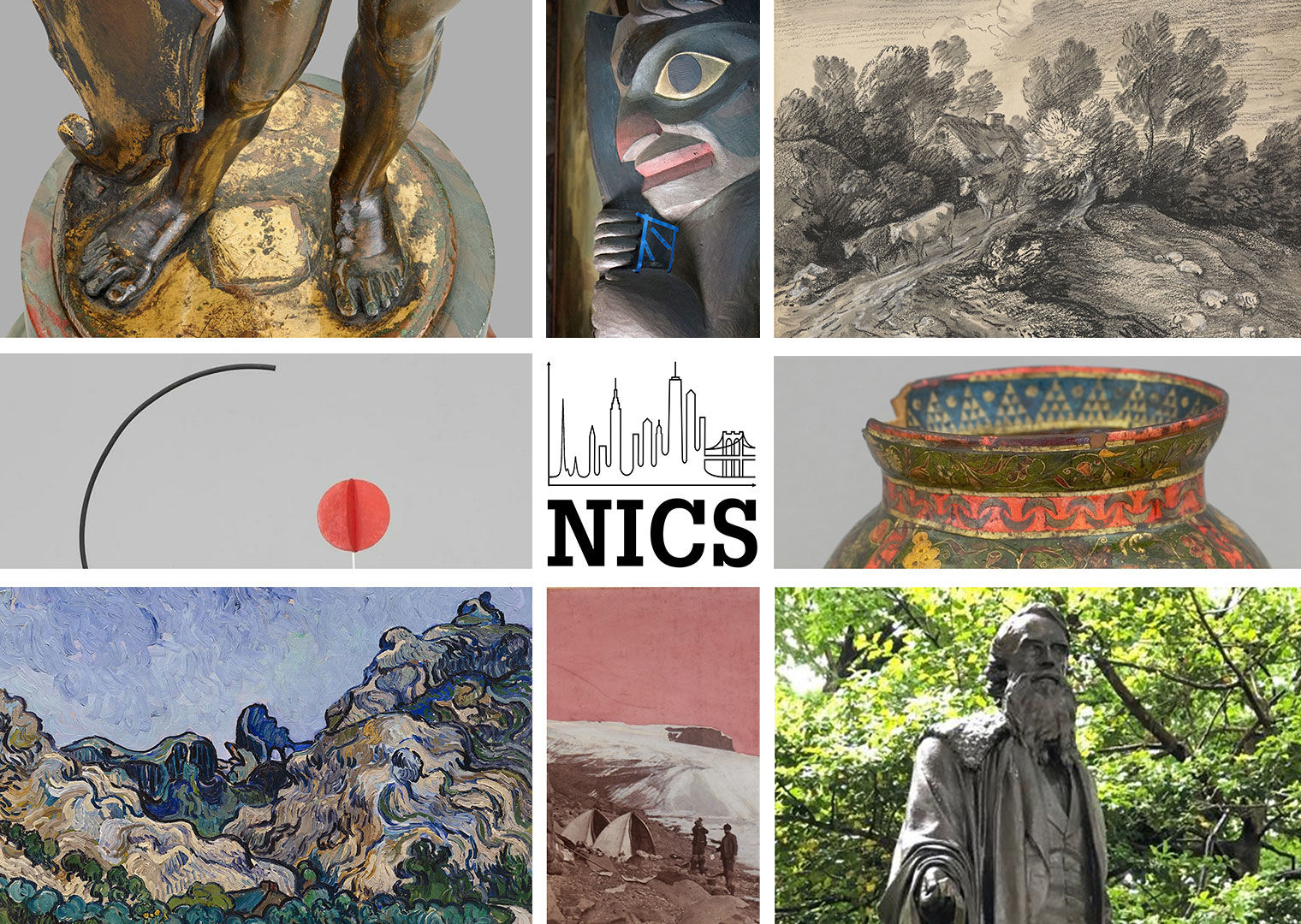 Composite image with the NICS logo in the center surrounded by images of various artworks; starting in the top left corner: a detail of feet of a bronze sculpture, a carved totem face, a pencil drawing of a landscape, a cropped view of the lip of an ornate vase, a sculpture outdoors among trees, a photograph of explorers camped on an icy field, and a painted landscape of rolling mountains and trees against a blue sky.