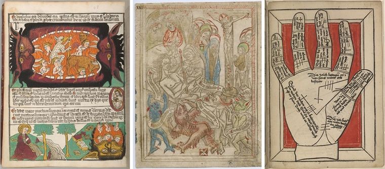 Three illuminated manuscripts with a scene from Hell (left), a man in bed being tortured by demons (center), and a hand with text written upon it (right). 