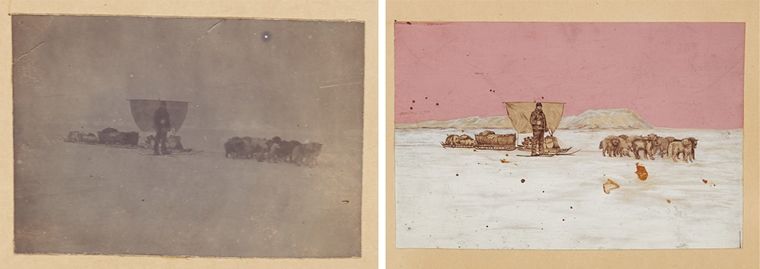 Left: A photograph of a man on skis with a dog sled and a pack of dogs. Right: A drawing of the photograph on the left with a pink sky.