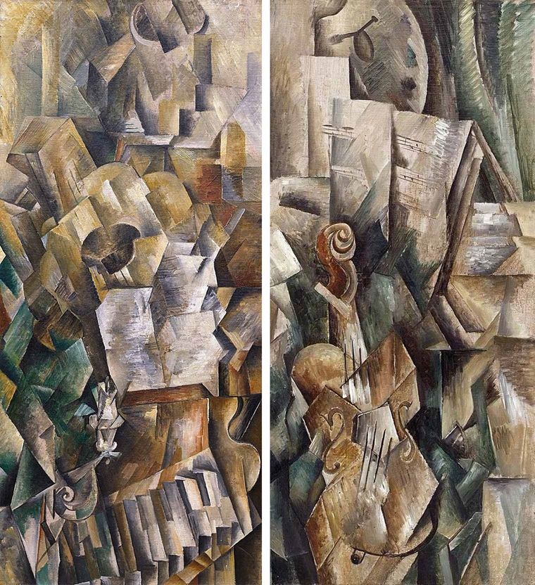 Composite image of two Cubist paintings featuring a piano and candle (left), and a violin with sheet music (right).