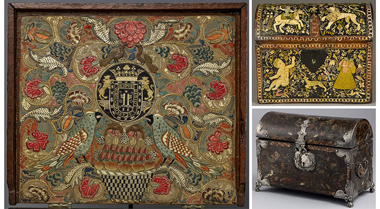 Composite image of a the interior lid of a writing desk, a casket, and a coffer; both the casket and the coffer rectangular boxes with a half cylinder hinged and latched cover; the interior lid, casket, and coffer are decorated with ornate imagery of flora, fauna, figures, and crest seals.