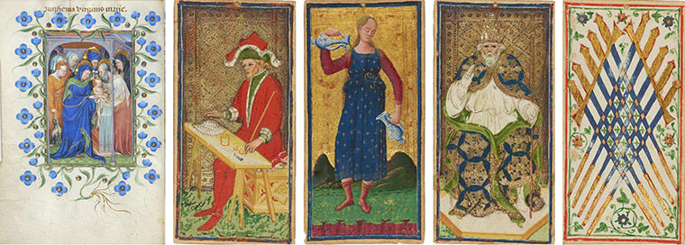 Composite image of a manuscript page and four tarot cards showing a juggler, a personification of Temperance, the Pope, and a design of The Ten Swords.