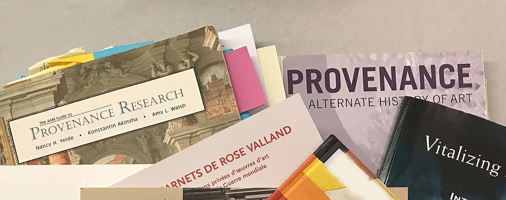 Color photograph of provenance research book covers.