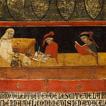 A drawing featuring three individuals reading an writing.