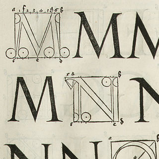 Detail of a page illustrating methods of constructing letterforms, featuring capitals M and N, from the 1535 Parisian publication of Albrecht Durer's "Institutionum Geometricarum"