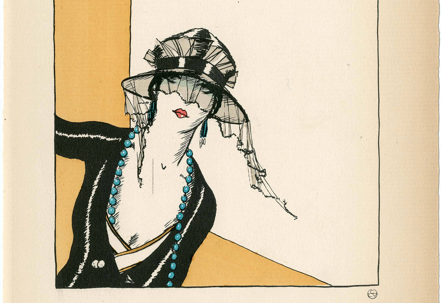 Detail of a fashion plate showing a woman wearing a low-cut black dress and a veiled black hat