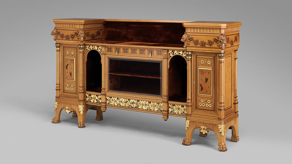 Herter Brothers. Cabinet, ca. 1880. Maple, white pine, ask, cedar, brass, glass, gilding, paint, silk velvet (L.2019.66.26a–k)
