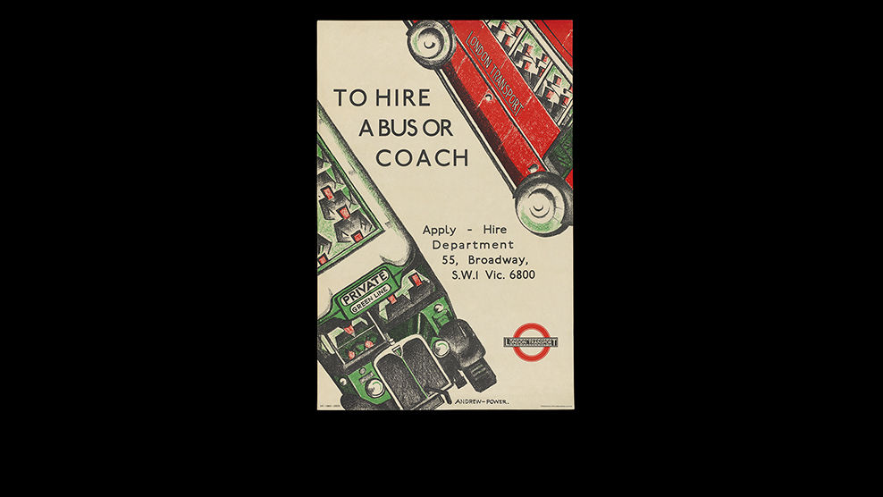 Andrew Power, (British). <em>To Hire A Bus or Coach,</em>1934. Lithograph. Purchase, Leslie and Johanna Garfield Gift, Lila Acheson Wallace, Charles and Jessie Price, and David T Schiff Gifts, The Elisha Whittelsey Collection, The Elisha Whittelsey Fund, Dolores Valvidia Hurlburt Bequest, Peco Foundation and Friends of Drawings and Prints Gifts, and funds from various donors, 2019 (2019.592.320). © Estate of Cyril Power. All Rights Reserved, 2020 / Bridgeman Images / Reproduced with permission of Glenbow Museum