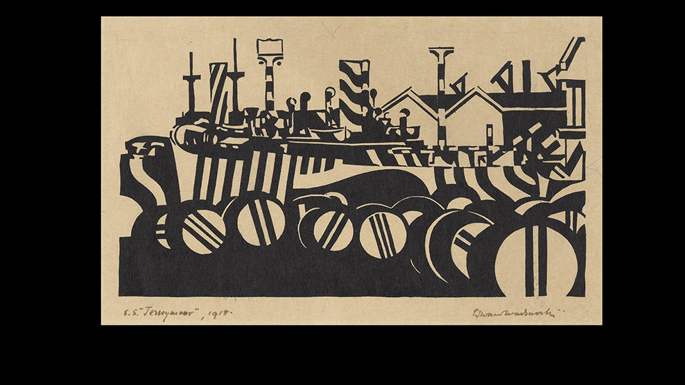 Edward Alexander Wadsworth (British, 1889–1949). <em>Camouflaged Ship in Drydock for Painting</em>, 1918. Woodcut. Purchase, Leslie and Johanna Garfield Gift, Lila Acheson Wallace, Charles and Jessie Price, and David T Schiff Gifts, The Elisha Whittelsey Collection, The Elisha Whittelsey Fund, Dolores Valvidia Hurlburt Bequest, Peco Foundation and Friends of Drawings and Prints Gifts, and funds from various donors, 2019 (2019.592.290)
