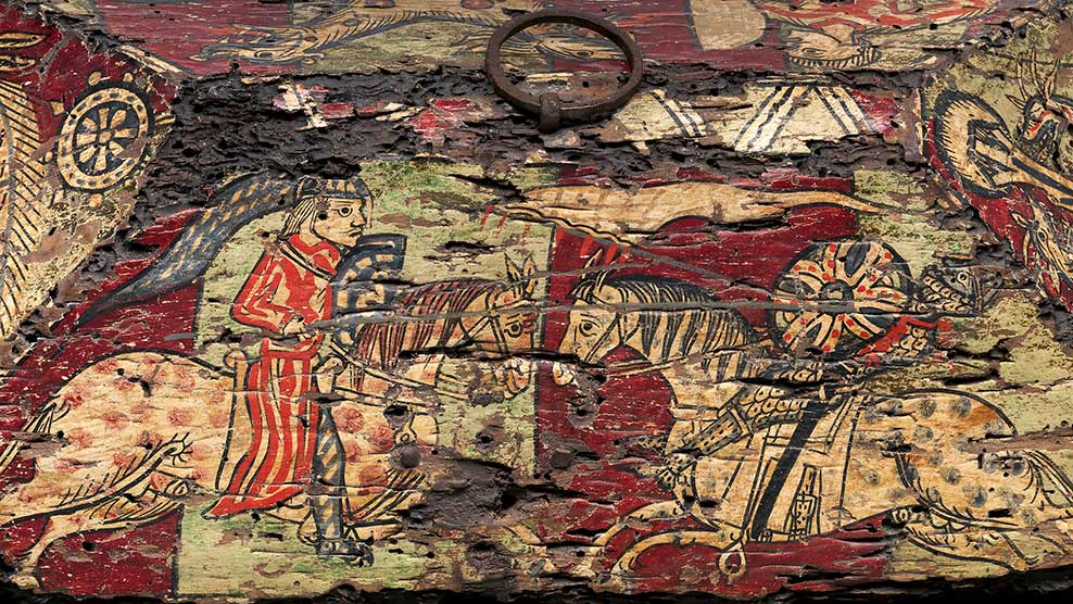 Guielin fights the Saracen leader, Aragon, with a lance (though the legend says he used a sword). <br />"He cuts through him all the way to his chest. He knocks him dead from his spirited horse." 