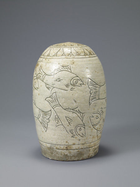 Drum-Shaped Bottle with School of Fish
