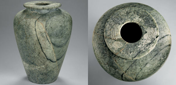 Two views of a jar. Almuñécar, Laurita necropolis. 8th century B.C. context, Egyptian manufacture, Dynasty 15, reign of Apophis (1581-1541 B.C.). Museo Arqueológico de Almuñécar, Almuñécar (M.A. 00018)