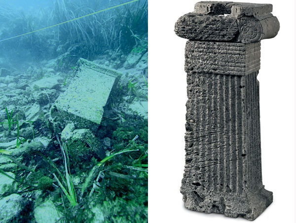 Left: The first day of diving during the 2008 season. © Institute of Nautical Archaeology, College Station, Texas. Photograph by Heather Brown. Right: Fluted volute-capital altar. Phoenician, 7th-6th century B.C. Museo Nacional de Arqueología Subacuática, Cartegena 