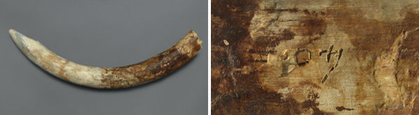 Left: Ivory tusk with an inscribed Phoenician name. Manga del Mar Menor, Bajo de la Campana shipwreck area. Phoenician, 7th-6th century B.C. Museo Nacional de Arqueología Subacuática, Cartegena (1540). Right: Detail of the inscribed name 