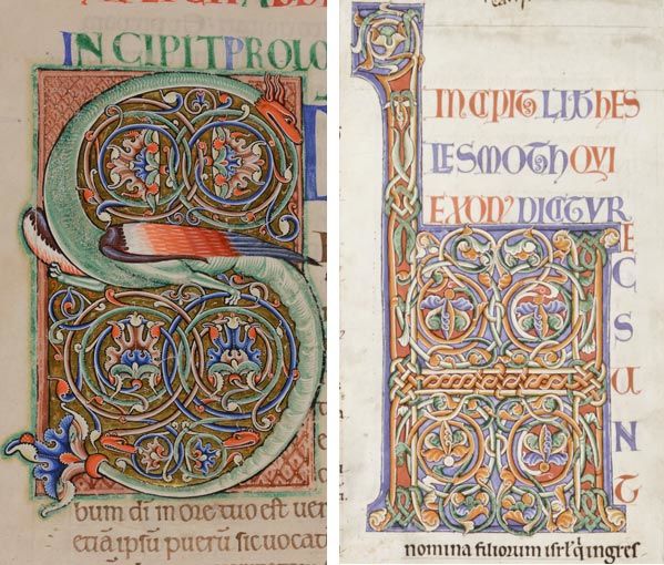 The S initial of the Winchester Bible and the H initial of the Pontigny Bible.Prologue to the Book of Jonah, Winchester Bible, ca. 1150–80. Winchester Cathedral Priory of St, Swithun. Tempera and gold on parchment. Lent by the Chapter of Winchester Cathedral. Image courtesy of the Chapter of Winchester Cathedral. Manuscript Illumination with Initial H, from a Bible, ca. 1175–95. Pontigny, France. Tempera and gold on parchment; 11 5/8 x 6 in. (29.5 x 15.2cm). Mat: 19 1/4 × 14 1/4 in. (48.9 × 36.2 cm). The Metropolitan Museum of Art, New York, The Cloisters Collection, 1999 (1999.241.1)
