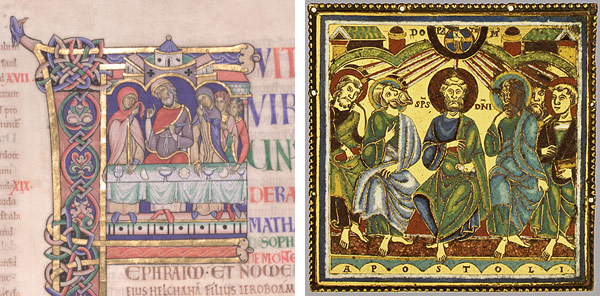 The Winchester Bible: Opening for the Book of I Samuel (Book of Kings), ca. 1150–80. Winchester Cathedral Priory of St, Swithun. Tempera and gold on parchment. Lent by the Chapter of Winchester Cathedral. Image courtesy of the Chapter of Winchester Cathedral. The Pentecost, ca. 1150–75. Made in Meuse Valley, South Netherlands. Champlevé and translucent enamel on copper gilt; Overall: 4 1/16 x 4 1/16 x 1/4 in. (10.3 x 10.3 x 0.6 cm). The Metropolitan Museum of Art, New York, The Cloisters Collection 1965 (65.105)