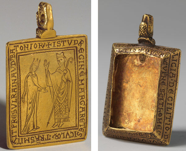 Reliquary Pendant with Queen Margaret of Sicily Blessed by Bishop Reginald of Bath, 1174–77. Made in Canterbury, England. Gold; Overall: 1 15/16 x 1 1/4 x 1/4 in. (5 x 3.1 x 0.7 cm). The Metropolitan Museum of Art, New York, Purchase, Joseph Pulitzer Bequest, 1961 (63.160)