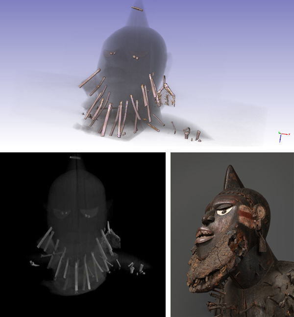 Top: Computer-generated image showing all metal objects present in the head. Bottom left: CT scan revealing exact placing of the structural nails. Driven into the wood of the sculpture, these blades were then coated with a compound of resin, clay, and animal hair and skin, right.