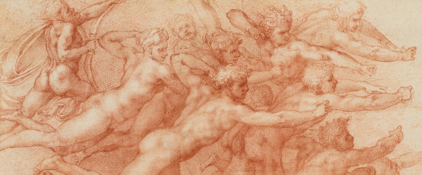 Detail of a red chalk drawing by Michelangelo depicting a crowd of nude archers